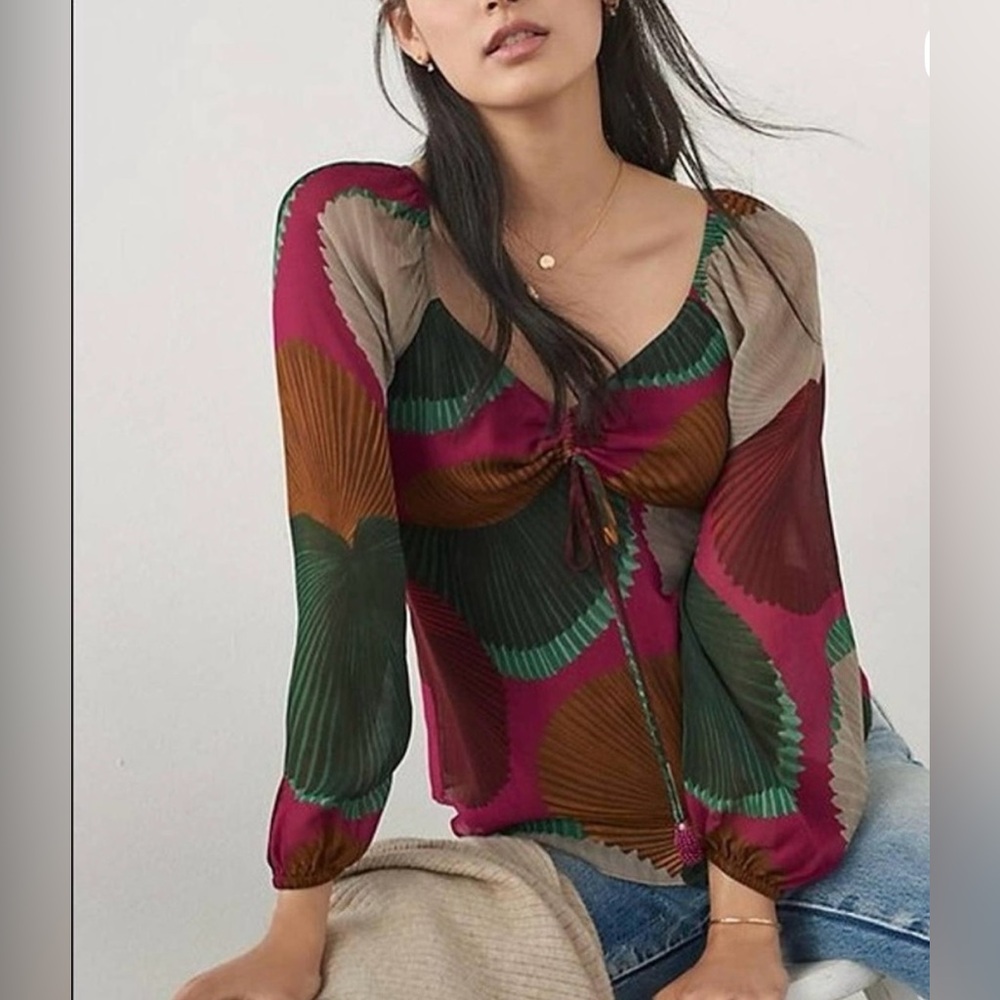 Farm Rio Anthropologie Katalina Long Sleeve  Ruched Front Blouse Boho Fall Print